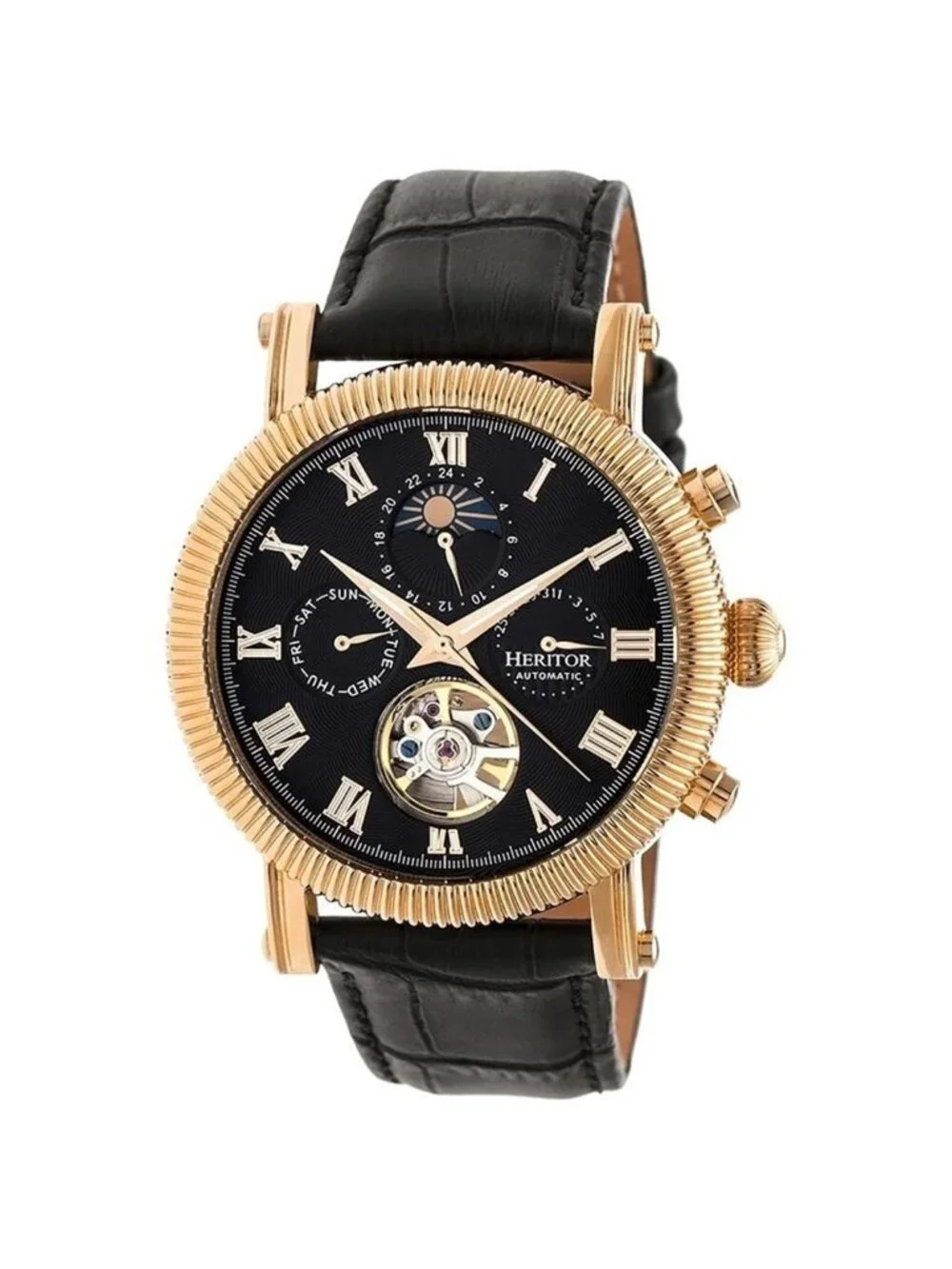 NWT Heritor Winston Automatic Black Dial Black Leather Men's Watch